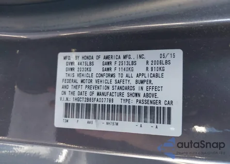 2015 Honda Accord Ex-L V-6 z USA, uszkodzony, nr VIN 1HGCT2B85FA007789